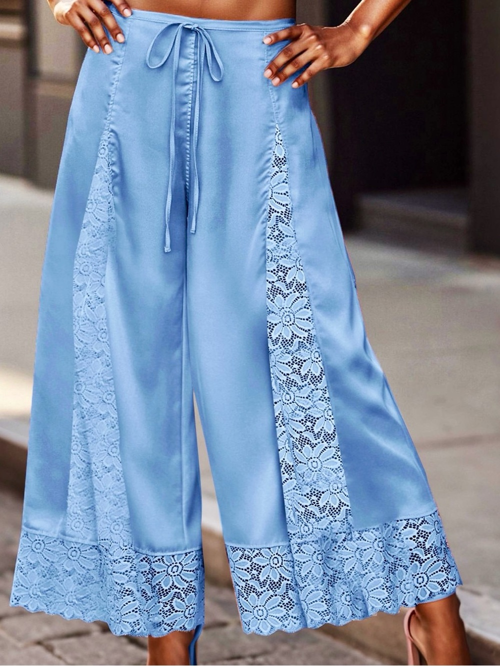🩵Hello Gorgeous! Light Blue Lace-Trim Wide Leg Cropped Pants
